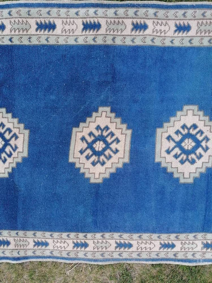 Turkish blue rug, vintage wool rug, oushak vintage rug,kitchen rug, 4x5'6 vintage anatolian rug,unique hand made bohemian