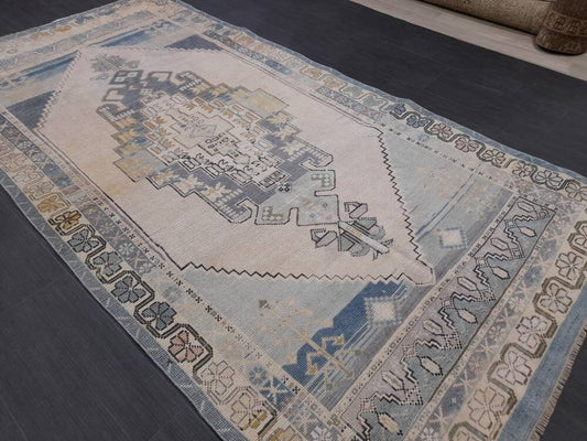 Vintage RUG 4.2 x 5 Turkish Oushak Rug Antique Rug Vintage Blue Wool Muted Oriental Rug Hand Made Rug Hand Knotted Turkish Rug Oriental Fun