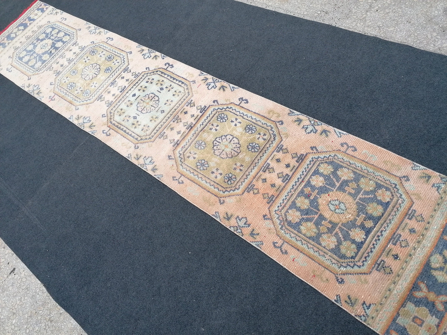 2'3x11'8 oushak turkish runner rug,turkish wool runner rug,hallway runner, vintage blue runner rug, vintage green runner rug,kitchen runner