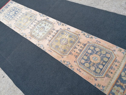 2'3x11'8 oushak turkish runner rug,turkish wool runner rug,hallway runner, vintage blue runner rug, vintage green runner rug,kitchen runner