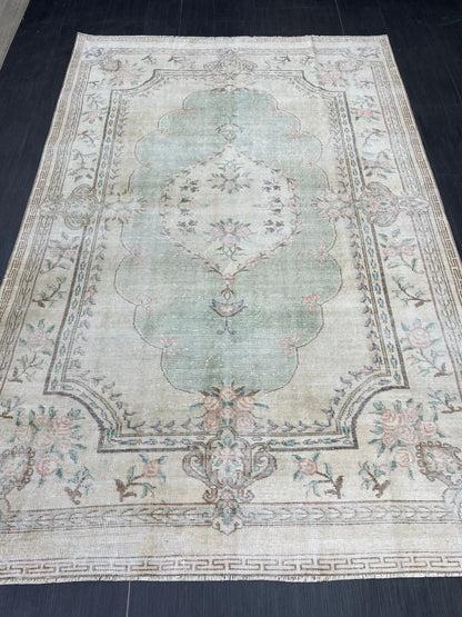 Handmade Rug 6x9 Oushak Rug Distressed Rustic Rug, Light Green Rug Hand Knotted Rug Turkish Rug, Farmhouse Rug, Vintage Rug, Wool rug