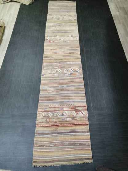 Vintage  Runner rug 2.9 x 15.4 Flat woven Runner Kilim Rug With Embroidery XL Oriental Runner Carpet, Vintage Kilim Rug Wool 3x16 Carpet Rug