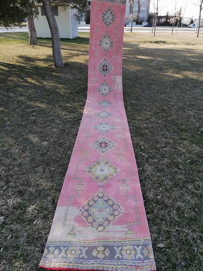 Vintage runner rug 2.10 x 22.10 pink runner rug, oushak wool handmade runner
