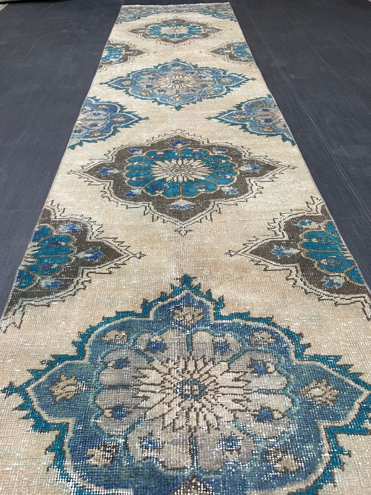 Distressed Handmade Runner Rug 2.8 x 12.4 Turkish Runner Rug Vintage Runner Rug Hallway Runner Rug Kitchen Runner Rug Wool Runner Rug