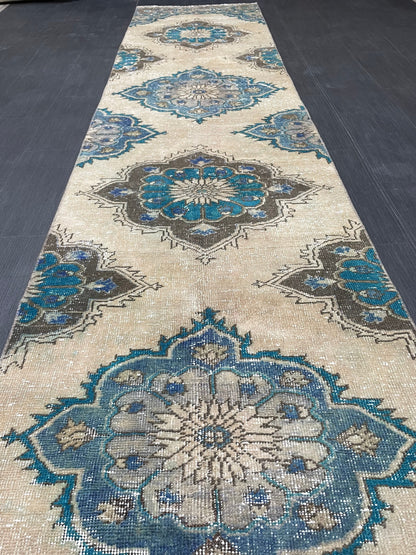 Distressed Handmade Runner Rug 2.8 x 12.4 Turkish Runner Rug Vintage Runner Rug Hallway Runner Rug Kitchen Runner Rug Wool Runner Rug