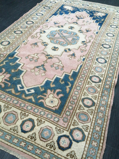 Pink and Blue Rugs, 6.4 x 3.7 Hand Made Rug, Oushak Rug, Rustic Rug, Bohemian Rug, Turkish Rug, Farmhouse Rug, Vintage Rug, Wool rug