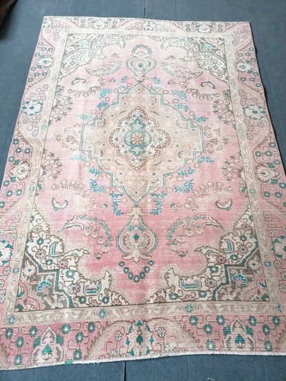 5.8 x 8 Persian wool rug - vintage pink rug, living room rug, handmade wool rugs