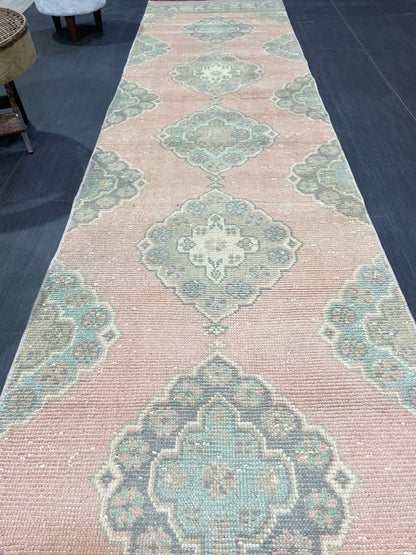 Muted Oushak Runner Rug, Turkish Runner 2.9 x 11.5 Rug Vintage Runner Rug Hallway Runner Rug Kitchen Runner Rug Wool Runner Handmade Runner
