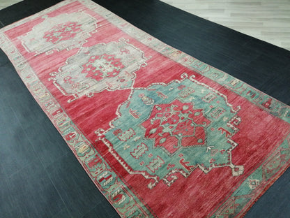 Oushak Runner Rug 12.4 x 4.9 Turkish Runner Rug Muted Vintage Runner Rug Hallway Runner Rug Kitchen Runner Rug Wool Runner Rug