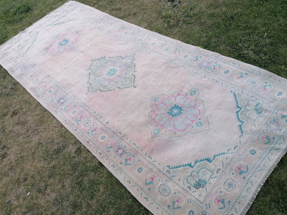 Oushak runner rug, turkish runner, vintage wool runner rug 4'10x11'6 hallway hand made rug, kitchen runner bohemian rug