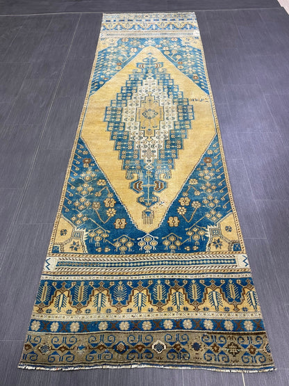 TURKISH Runner Rug Vintage Runner Rug 2.8 x 9.4 Oriental Rug Wool Oushak Rug Hand Knotted Rug Vintage Turkish Runner Rug Blue and Yellow Rug