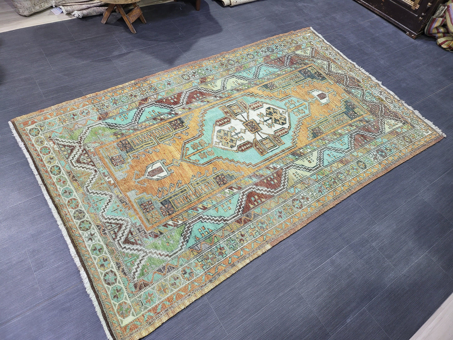 4.9 x 7.9 Rug, Handmade Rug, Oushak Rug,  Anatolian Rug, Hand Knotted Turkish Rug, burnt orange and turquoise Rug, Vintage Rug, Wool rug