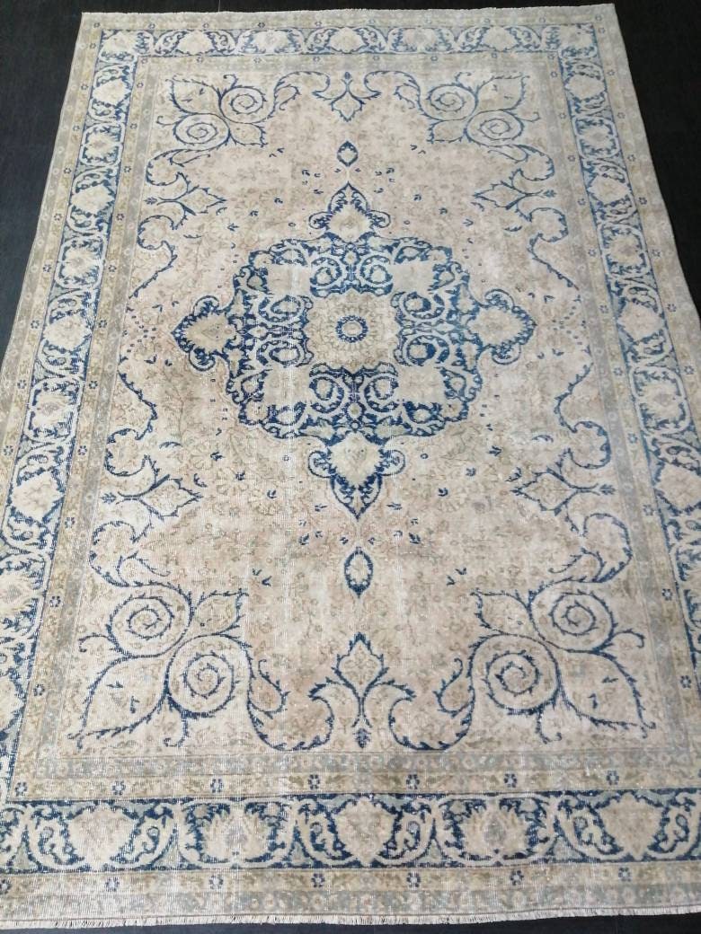 Muted Persian RUG 6.7 x 10 Turkish Oushak Rug Vintage Antique Rug Vintage Blue Light Pink Rug Wool Muted Oriental Rug Hand Made Rug