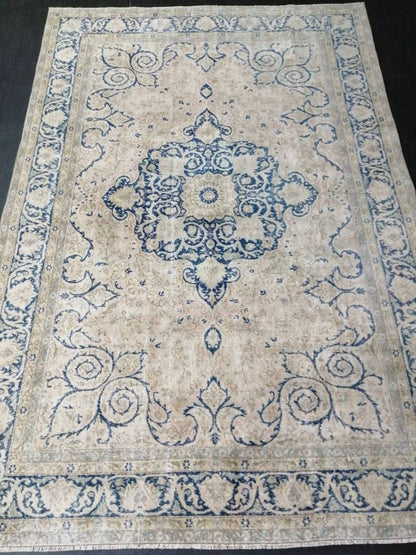 Muted Persian RUG 6.7 x 10 Turkish Oushak Rug Vintage Antique Rug Vintage Blue Light Pink Rug Wool Muted Oriental Rug Hand Made Rug