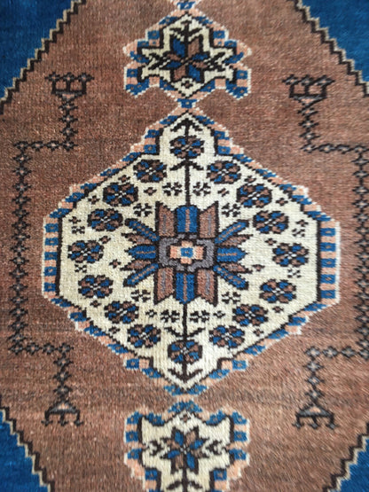 1.3x3 feet handmade turkish mini rug, vintage brown wool kitchen floor mini rug, small handmade blue laundry rug, small bath mat, mini rug