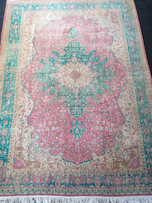 7 x 9.5 Persian RUG Vintage TURKISH Pink Green Oriental Rug Vintage  Vintage Runner Rug Wool Oushak Rug Handmade Rug Hand Knotted Rug