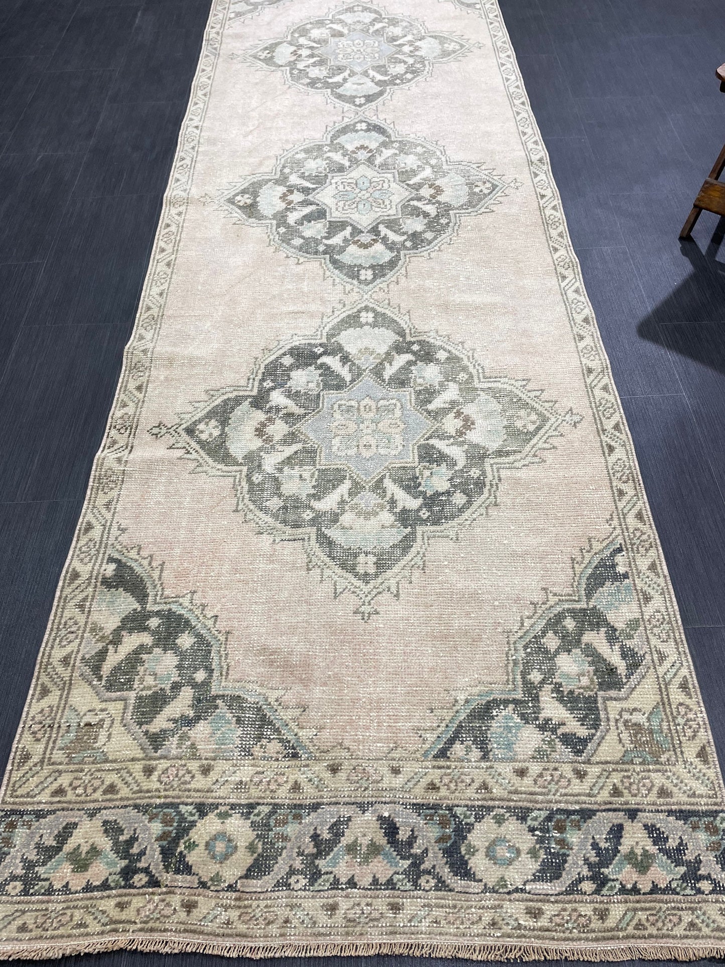 3.4 x 11.2 Faded Oushak Runner Rug Turkish Runner Rug Distressed Vintage Runner Rug Hallway Runner Kitchen Runner Wool Pastel Pink And Green