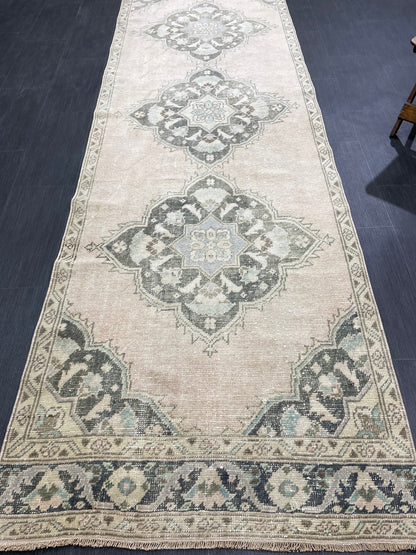 3.4 x 11.2 Faded Oushak Runner Rug Turkish Runner Rug Distressed Vintage Runner Rug Hallway Runner Kitchen Runner Wool Pastel Pink And Green