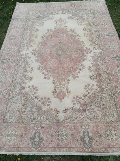 6.10 x 9.8 soft pink turkish rug, vintage rug, large vintage rug, wool oushak rug handmade rug