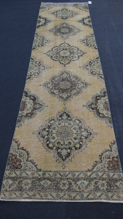 Turkish runner rug, distressed vintage wool runner 3'4x12'6 hallway oushak runner, kitchen runner rug, bohemian handmade rug