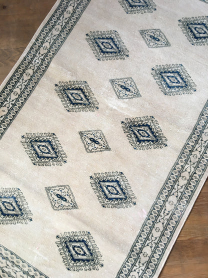 3x5 feet handmade blue turkish rug, oushak white large rug, vintage wool living room area rug, hallway old oriental rug, large floor rugs