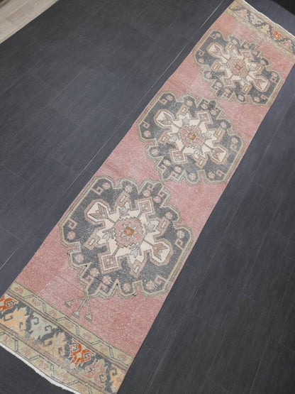 Muted Vintage Runner Rug 2.6 x 10.6 Hand Made Runner Rug Turkish Runner Rug Pink Vintage Runner Rug Hallway Runner Rug Wool Kitchen Runner
