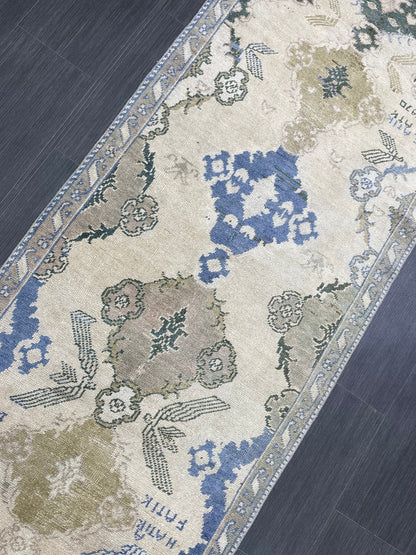 Blue Green Turkish Oushak Runner Rug  3x13 ft Turkish Runner Rug XL Vintage Runner Rug Long Hallway Runner Rug Kitchen Runner Wool Pile