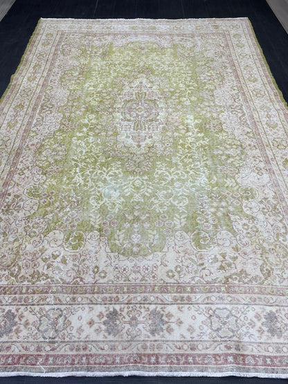Vintage RUG Turkish 7 x 10.3 Rug Antique Rug Neon Green Rug Wool Muted Oriental Rug Handmade Rug Hand Knotted Rug Persian Rug