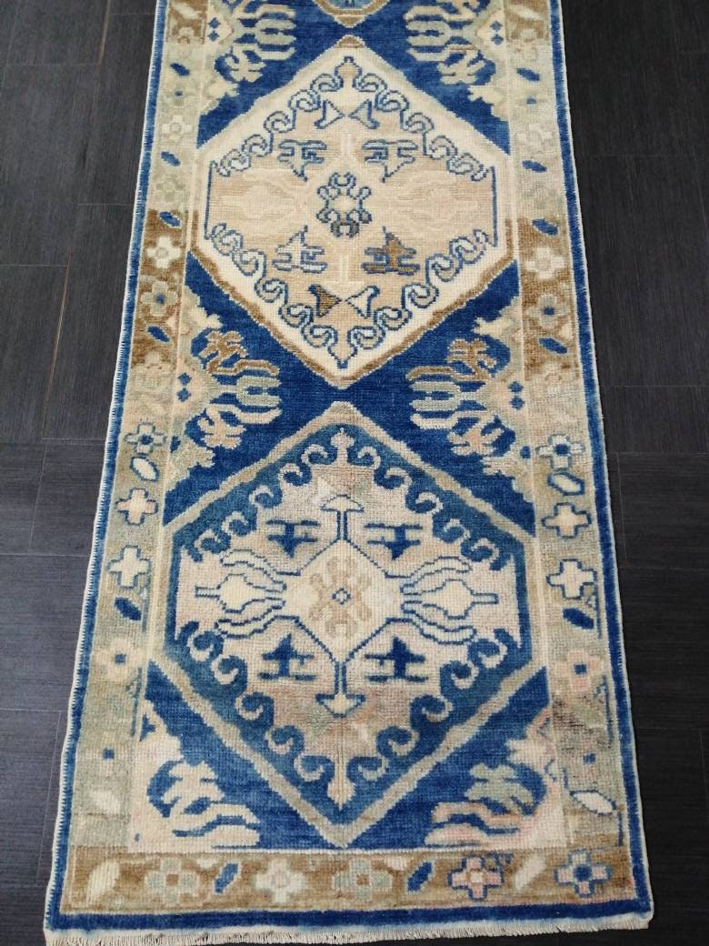 Blue Turkish Oushak Runner 2.8 x 14.5 Turkish Runner Rug XL Vintage Runner Rug Long Hallway Runner Rug Kitchen Runner High Wool Pile Runner