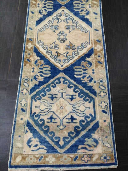 Blue Turkish Oushak Runner 2.8 x 14.5 Turkish Runner Rug XL Vintage Runner Rug Long Hallway Runner Rug Kitchen Runner High Wool Pile Runner