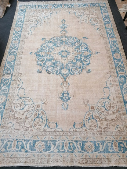 7 x 11 feet, oushak turkish rug, blue hand knotted rug, vintage anatolian rug,unique handmade rug,bohemian rug