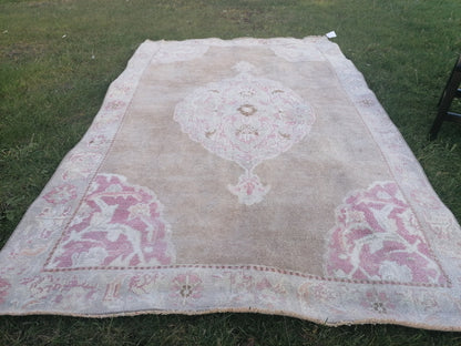 4.6x7.6 feet neatural oushak area rug, pastel living room oversize floor rug, handmade turkish hallway rug, lounge largest brown muted rugs