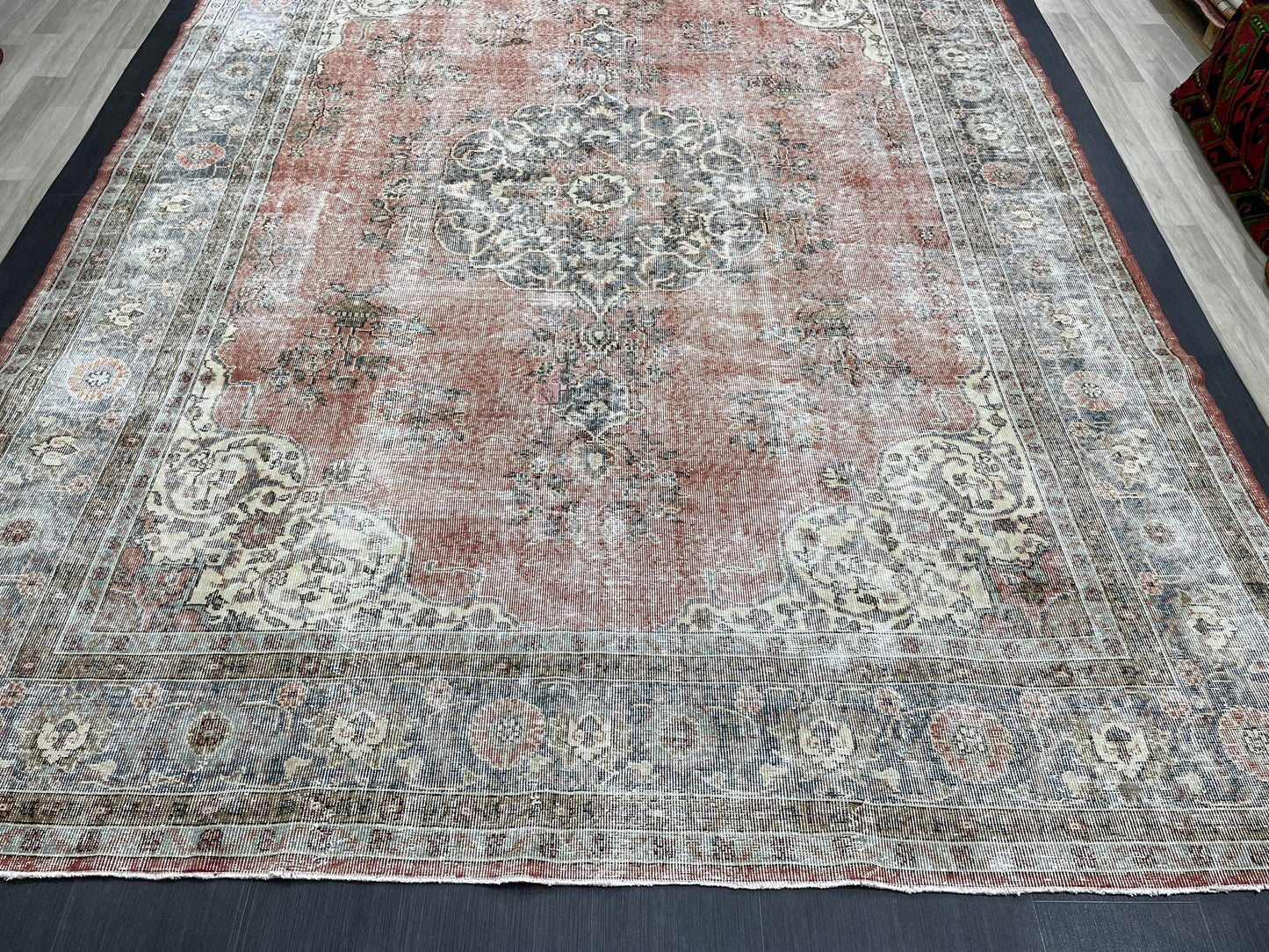 Muted OUSHAK RUG  TURKISH 8.8 x 12 Rug Distressed Vintage  Rug Wool Hand Knotted Rug Large Handmade Rug 8x11 Vintage Turkish 9x12 Rug