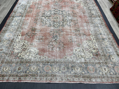 Muted OUSHAK RUG  TURKISH 8.8 x 12 Rug Distressed Vintage  Rug Wool Hand Knotted Rug Large Handmade Rug 8x11 Vintage Turkish 9x12 Rug
