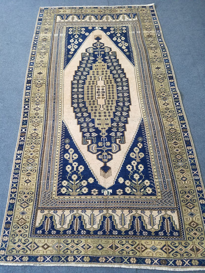 4x7'7 blue rug, living room rug vintage oushak rug