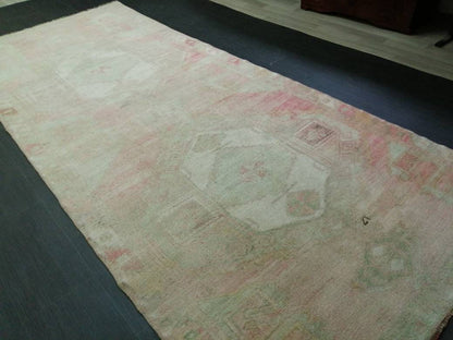 Vintage Runner 4.7 x 11.4 TURKISH Muted Runner Rug Vintage Oushak Runner Rug Light Pink Runner Rug Wool Oriental Runner Antique Runner Rug