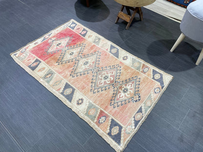 Blue Vintage Rug 2.6 x 4.2 Rug  Oushak Rug, Wool Oriental Rug Hand Made Rug Persian Rug, Vintage Turkish Rug Hand Knotted Wool Rug