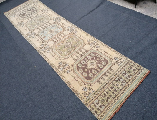 3x11 mute soft oushak turkish runner rug, vintage turkish runner rug, pastel handmade kitchen runner rug, bathroom rug, entryway runner rug