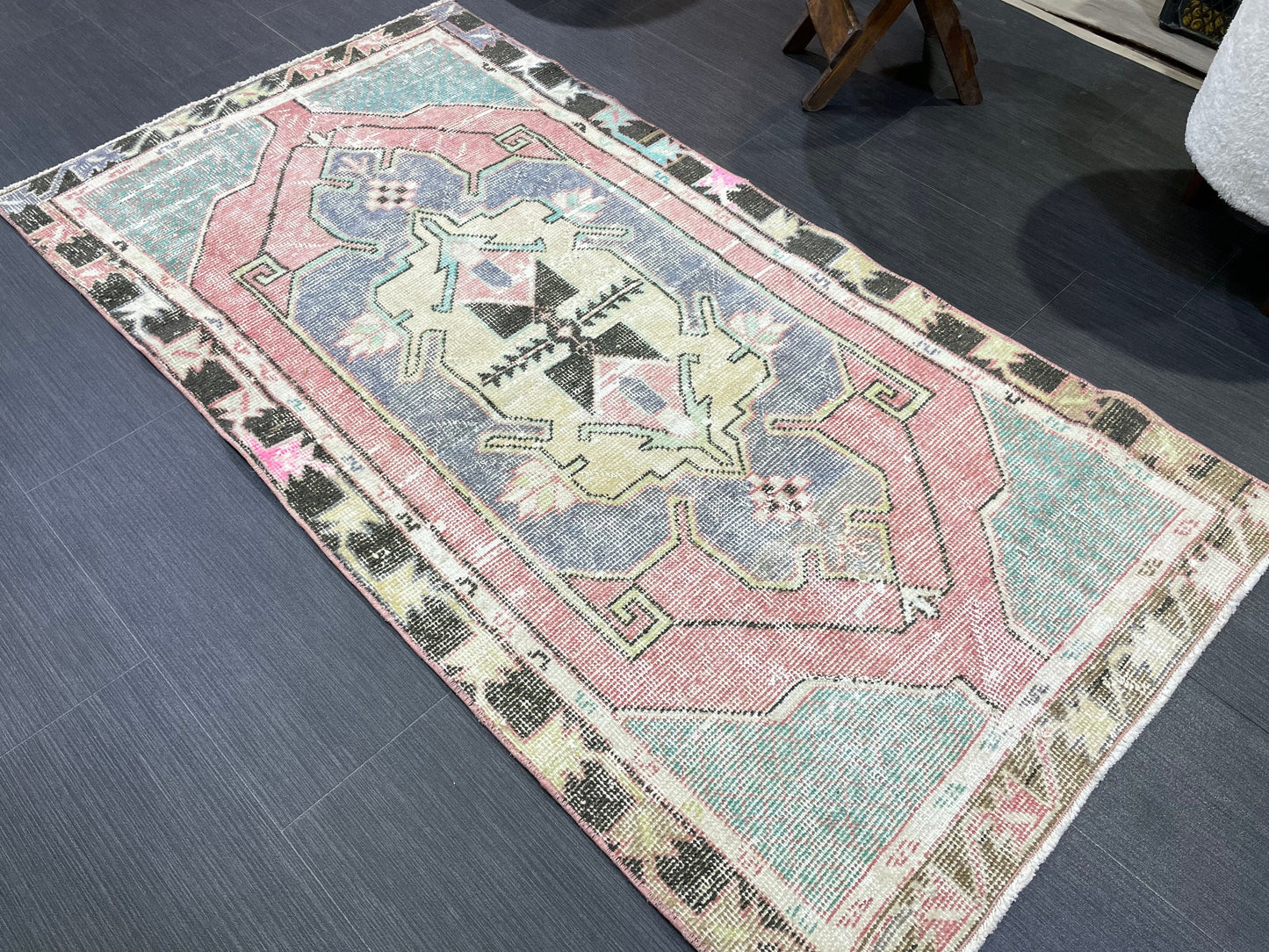 Turkish Rug, Hand Knotted Rug, 2.7 x 5 Living Room Rug, Bathroom Rug, Vanity Rug, Vintage Oushak Rug, Wool Vintage Rugs, Distressed Rug