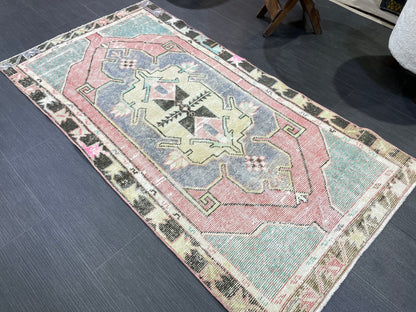 Turkish Rug, Hand Knotted Rug, 2.7 x 5 Living Room Rug, Bathroom Rug, Vanity Rug, Vintage Oushak Rug, Wool Vintage Rugs, Distressed Rug