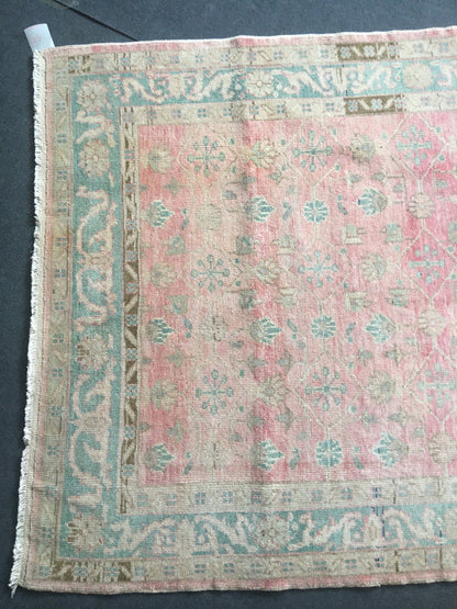4x7 feet handmade muted large floor carpet, turkish vintage pink wool living room area rug, lounge wide green rug, oushak kitchen bohem rug