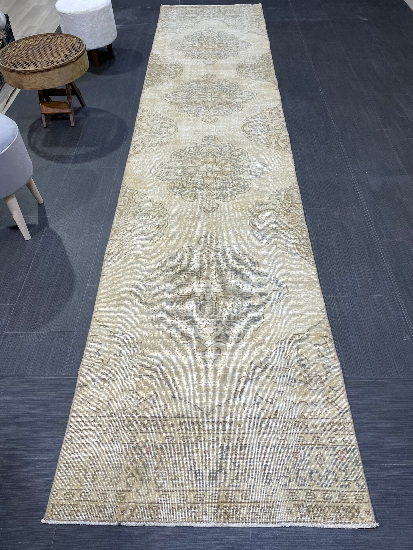 Muted Distressed Runner Rug, Vintage 2.10 x 12.9 Runner Rug, TURKISH Muted Runner Rug, Oushak Runner Rug, Fine Runner Rug,Antique Runner Rug