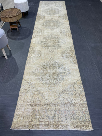 Muted Distressed Runner Rug, Vintage 2.10 x 12.9 Runner Rug, TURKISH Muted Runner Rug, Oushak Runner Rug, Fine Runner Rug,Antique Runner Rug