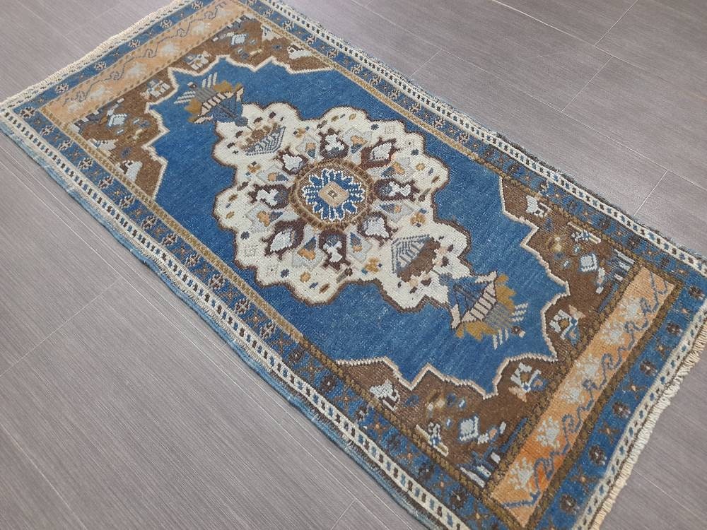 Blue Turkish Rug Small Area Vintage Rug 2x4 Oushak Rug,Hand woven Rug Hand Knotted Rug, Vintage OrientalRug Kitchen Rug door mat