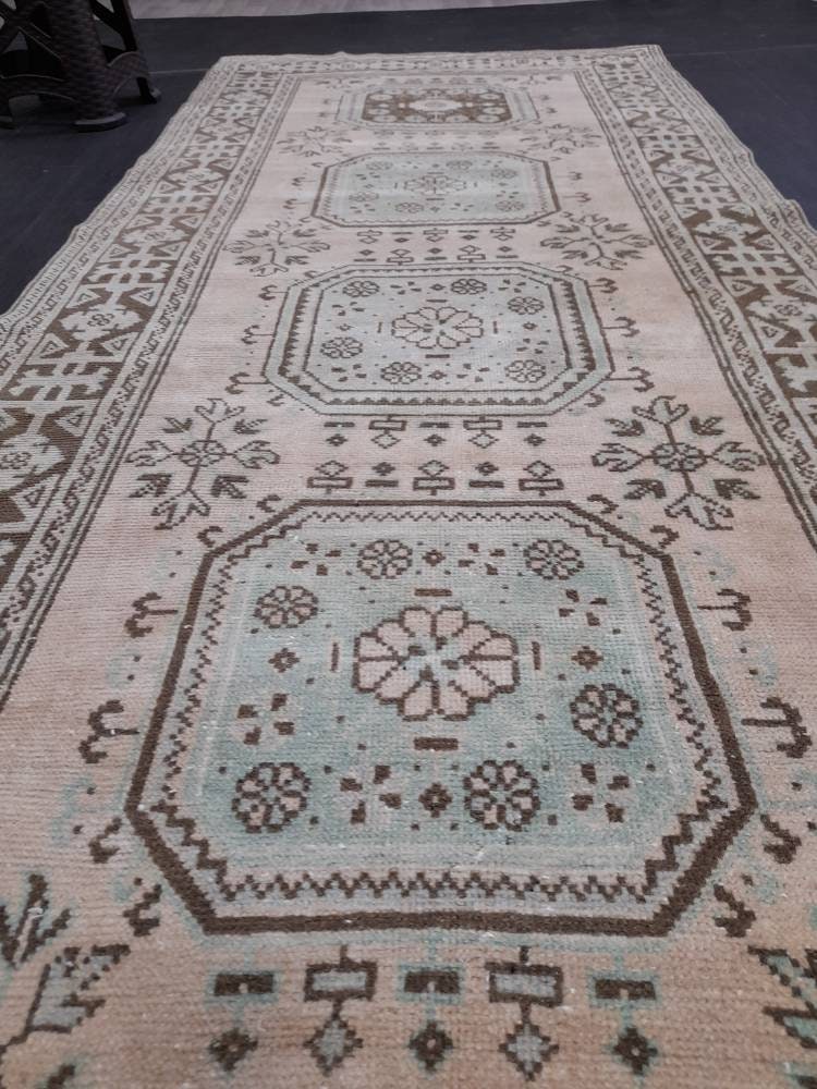 Vintage TURKISH Runner Rug Vintage Runner Rug 4.4 x 12.2 Oriental Runner Rug Wool Oushak Rug Hand Knotted Rugs Vintage Turkish Runner Rug