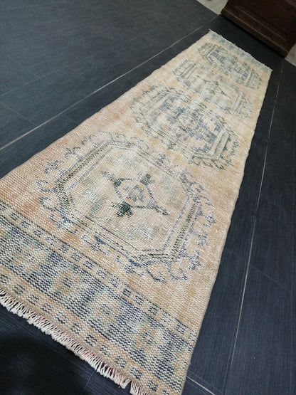 10.9 x 2.4 Faded Oushak Runner Rug Turkish Runner Rug Vintage Runner Rug Hallway Runner Rug Kitchen Runner Wool Runner Rug Wool Oushak Rug