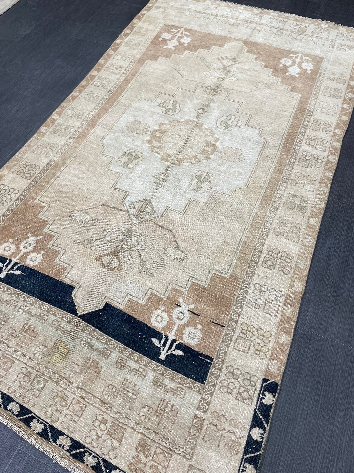 MUTED Handmade 4 x 7.3 Rug Vintage Turkish  Rug Brown Soft wool Rug NATURAL Wool Rug, Living Room Rug, Oushak Rug, Hand Knotted Kitchen Rug