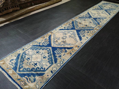 Blue Turkish Oushak Runner 2.8 x 14.5 Turkish Runner Rug XL Vintage Runner Rug Long Hallway Runner Rug Kitchen Runner High Wool Pile Runner