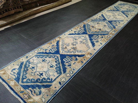 Blue Turkish Oushak Runner 2.8 x 14.5 Turkish Runner Rug XL Vintage Runner Rug Long Hallway Runner Rug Kitchen Runner High Wool Pile Runner
