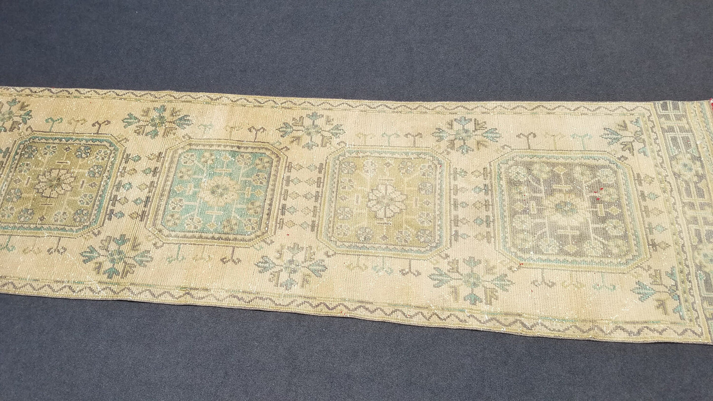 11'9x3' oushak turkish runner rug, vintage runner rug, vintage oushak rug, vintage anatolian rug,unique hand made rug,kitchen runner rug